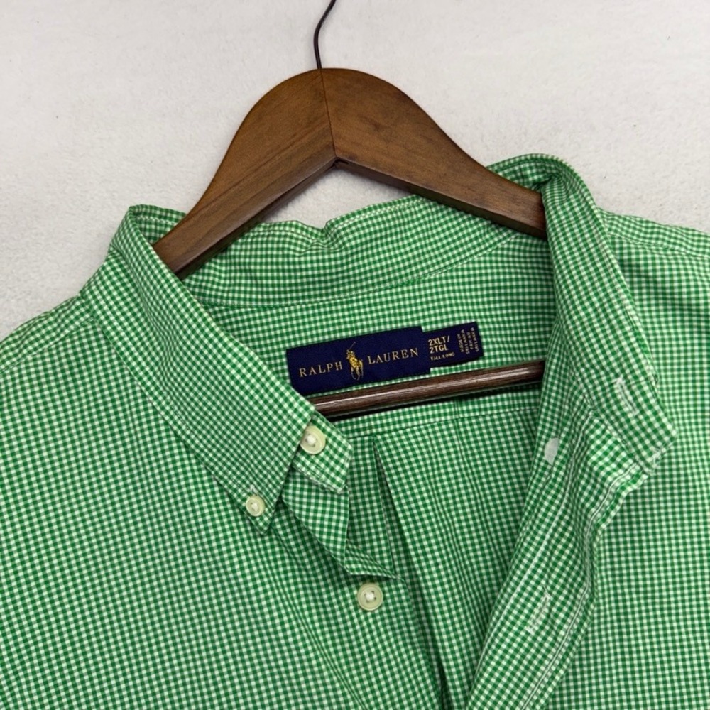 Ralph Lauren Button Down Shirt Mens 2XLT 2XL Tall Green Gingham Check Pony logo
